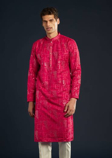 Red Mens Silk Abla Work Kurta Set