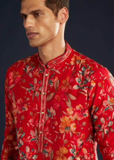 Red Mens Silk Kurta Set with Floral Prints