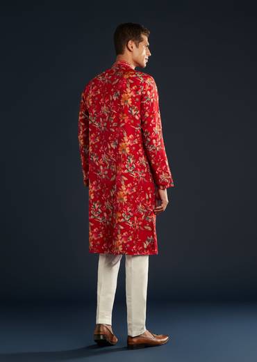Red Mens Silk Kurta Set with Floral Prints