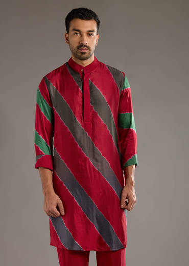 Red Modal Kurta Set For Men With Hand Dyed Leheriya Print