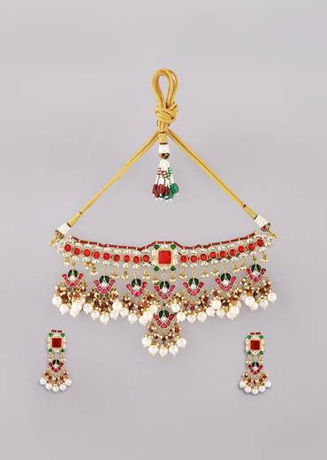 Red Multi Necklace Set With Pachi Kundan