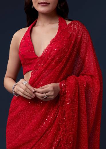 Red Net Saree With Cutdana Beads And Sequin Embroidery