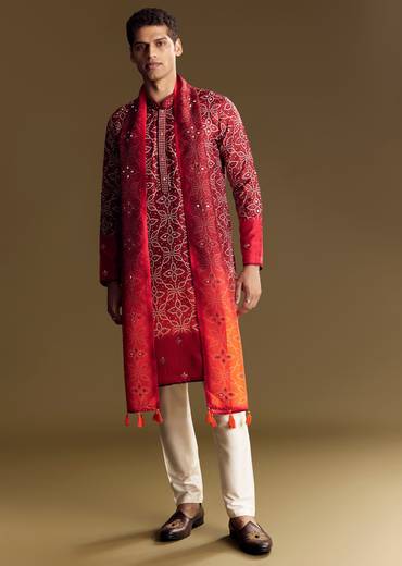Red Ombre Kurta Set With Detailed Mirror Work