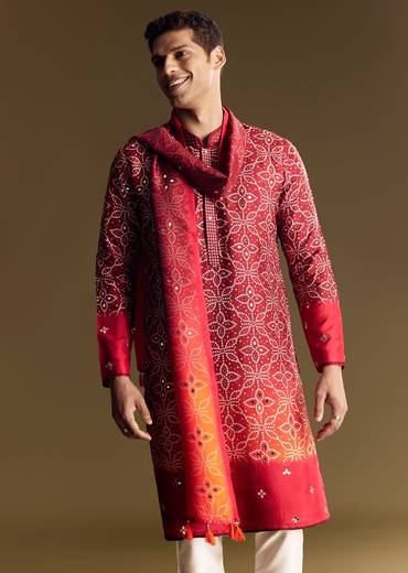 Red Ombre Kurta Set With Detailed Mirror Work