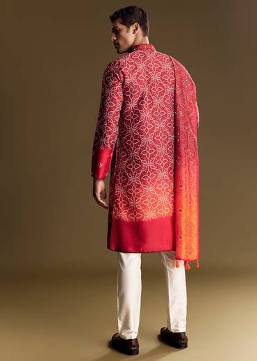 Red Ombre Kurta Set With Detailed Mirror Work
