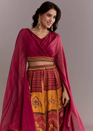 Red Organza Crop Top And Printed Skirt Set With Mirror Work