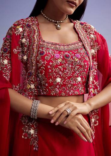 Red Organza Crop Top And Skirt Set With Embroidered Cape