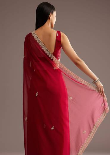 Red Organza Saree With Cutdana And Sequins Border