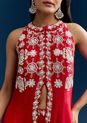 Red Palazzo Suit With Mirror And Moti Work Front Slit Kurta