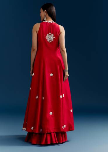Red Palazzo Suit With Mirror And Moti Work Front Slit Kurta