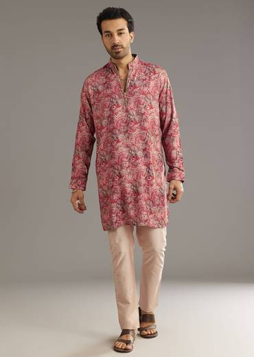 Red Pashmina Silk Zipper Kurta Set With Paisley Swirl Print