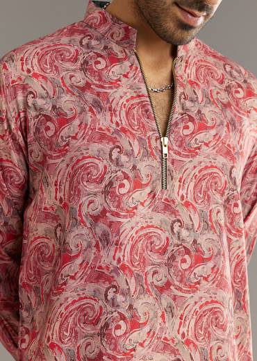 Red Pashmina Silk Zipper Kurta Set With Paisley Swirl Print