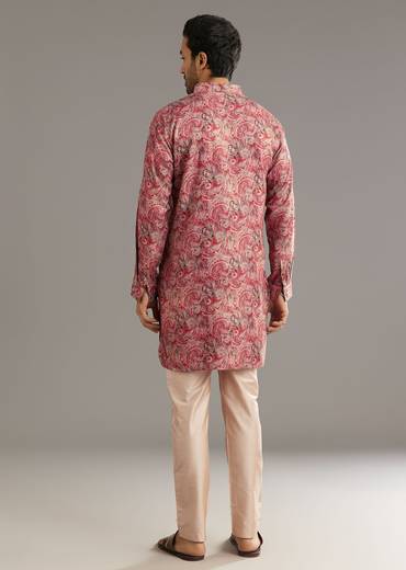 Red Pashmina Silk Zipper Kurta Set With Paisley Swirl Print