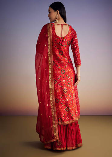 Red Patola And Bandhani Print Kurta Set With Banarasi Dupatta