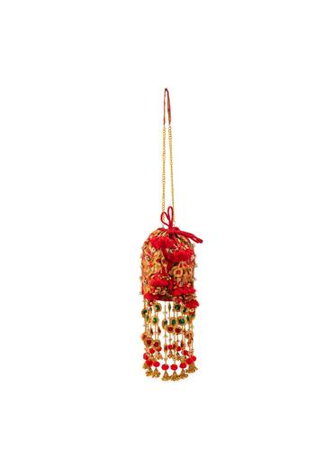 Red Pearl Embellished Layered Pom Pom Tassel Potli Bag