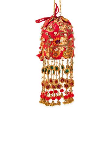 Red Pearl Embellished Layered Pom Pom Tassel Potli Bag