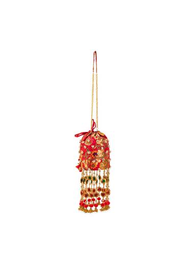 Red Pearl Embellished Layered Pom Pom Tassel Potli Bag