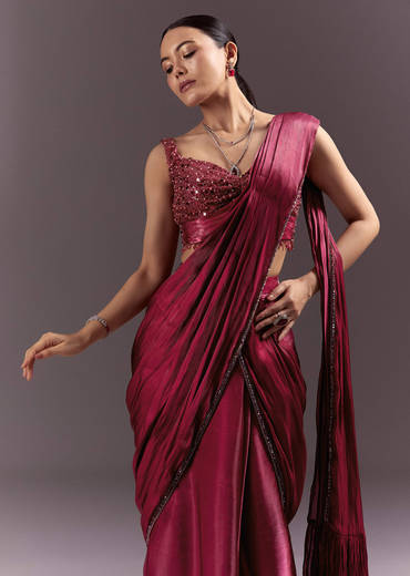 Red Pre Stitched Saree With Sleeveless V Neck Blouse