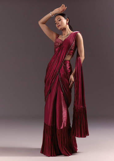 Red Pre Stitched Saree With Sleeveless V Neck Blouse