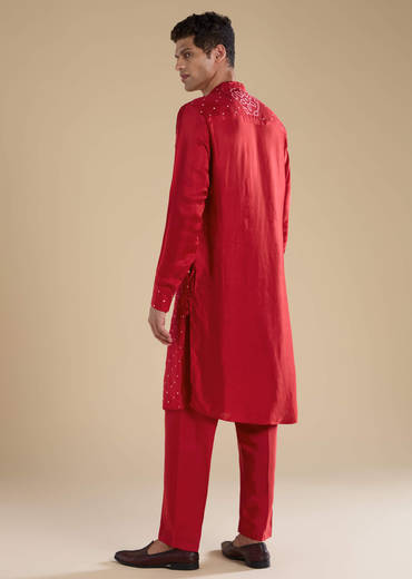 Red Pure Bandhani Silk Mens Straight Kurta Pant Set