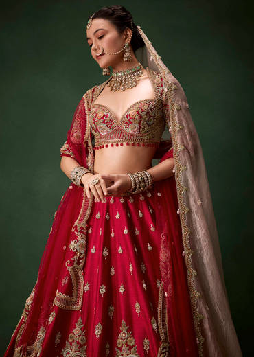 Red Raw Silk Bridal Lehenga Set with Two Dupattas