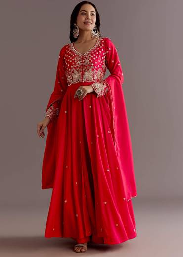 Red Russian Silk Front Slit Cutdana Beaded Kurta Set With Dupatta