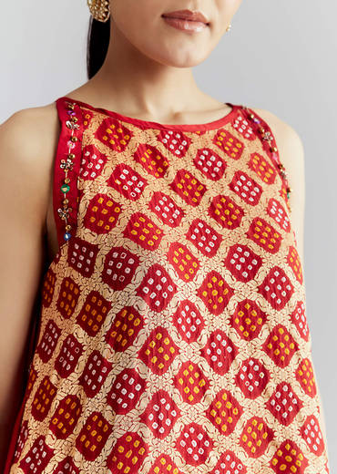 Red Satin Co Ord Set With Bandhani And Leheriya Print