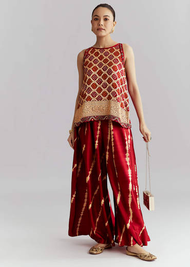 Red Satin Co Ord Set With Bandhani And Leheriya Print