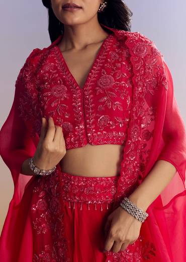 Red Satin Crop Top Set With Embroidered Organza Cape