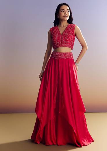 Red Satin Crop Top Set With Embroidered Organza Cape