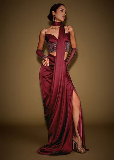 Red Satin Drape Skirt With Embroidered Blouse And Drape Dupatta