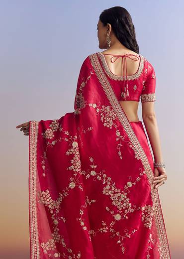 Red Satin Saree With Full Jaal Embroidery