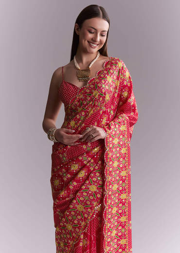 Red Satin Saree With Ikat Geometric Print And Mirror Work