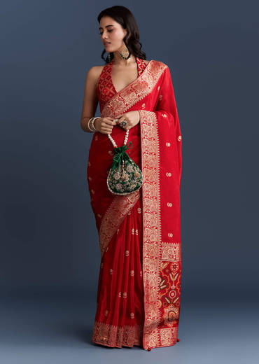 Red Satin Woven Saree With Floral Motif Work