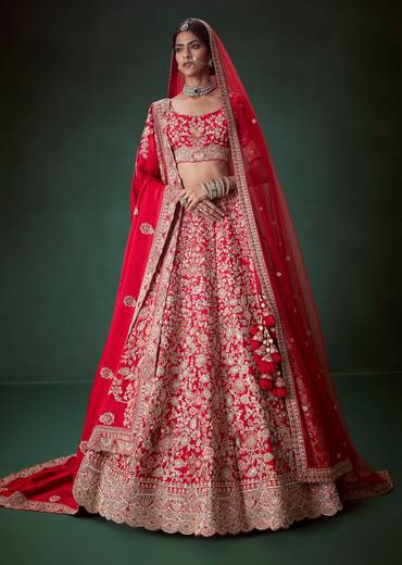 Red Sequin and Resham Embellished Bridal Lehenga Set in Silk