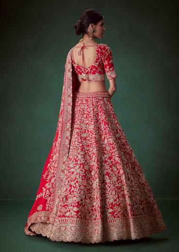 Red Sequin and Resham Embellished Bridal Lehenga Set in Silk