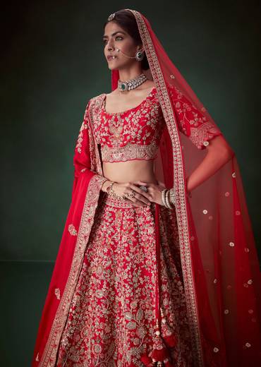 Red Sequin and Resham Embellished Bridal Lehenga Set in Silk