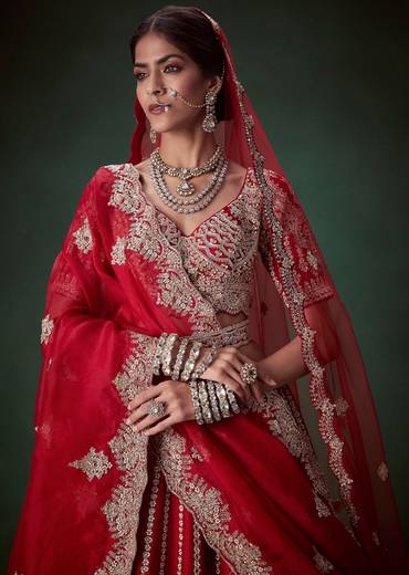 Red Sequin and Resham Embellished Bridal Lehenga Set