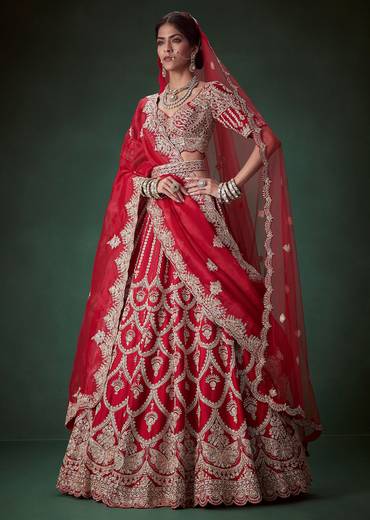 Red Sequin and Resham Embellished Bridal Lehenga Set