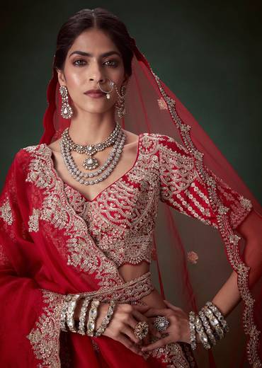 Red Sequin and Resham Embellished Bridal Lehenga Set
