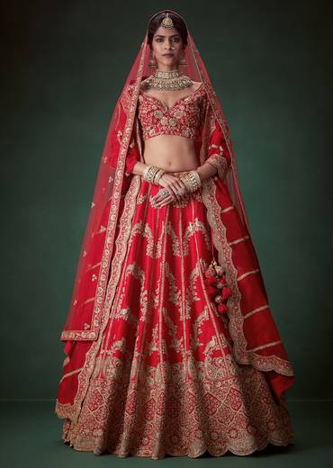 Red Sequin Embellished Bridal Lehenga Set in Silk