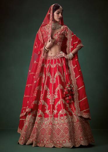Red Sequin Embellished Bridal Lehenga Set in Silk