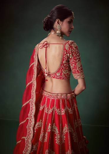 Red Sequin Embellished Bridal Lehenga Set in Silk