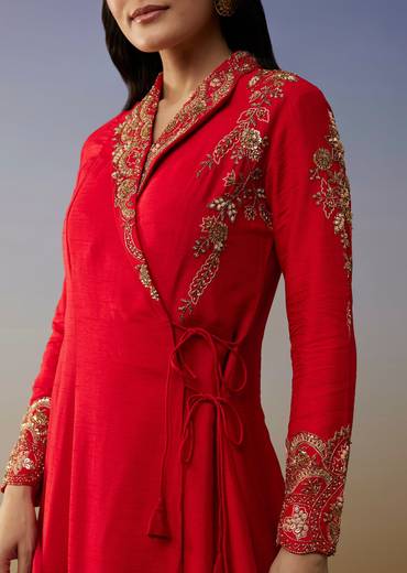 Red Silk Anarkali Suits with Cut Dana Sequins Work