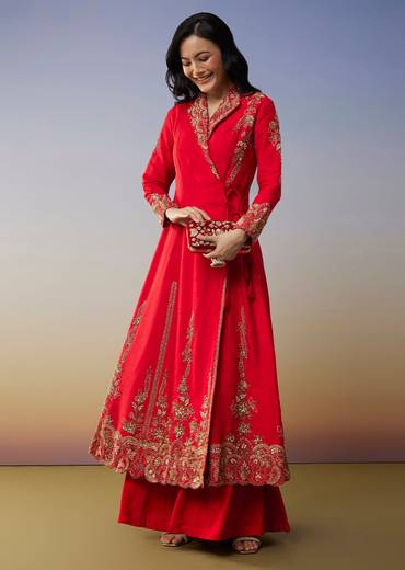 Red Silk Anarkali Suits with Cut Dana Sequins Work
