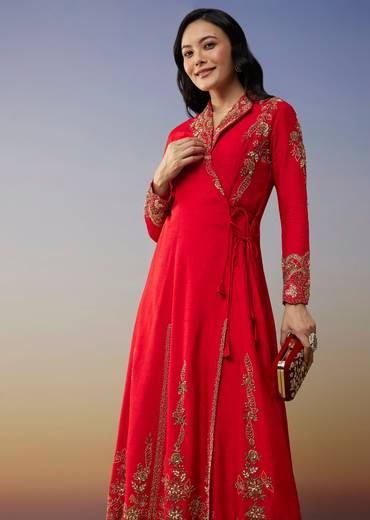 Red Silk Anarkali Suits with Cut Dana Sequins Work