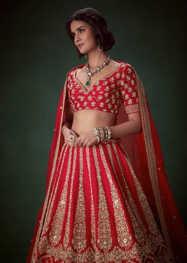 Red Silk Bridal Lehenga Set with Zari and Beads