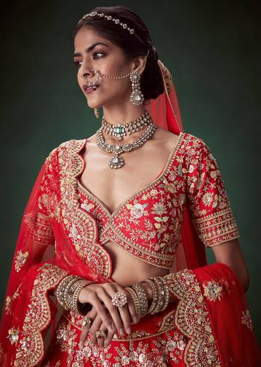 Red Silk Gold Zari Embellished Bridal Lehenga Set