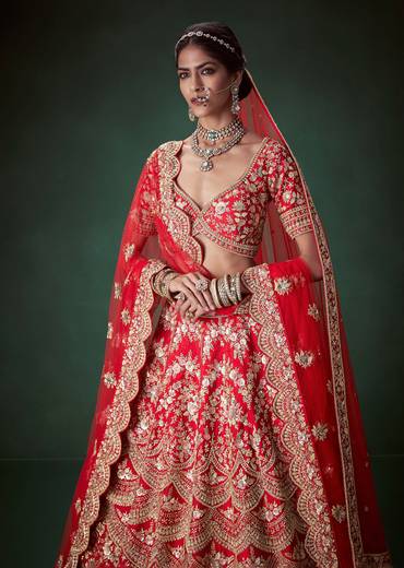 Red Silk Gold Zari Embellished Bridal Lehenga Set