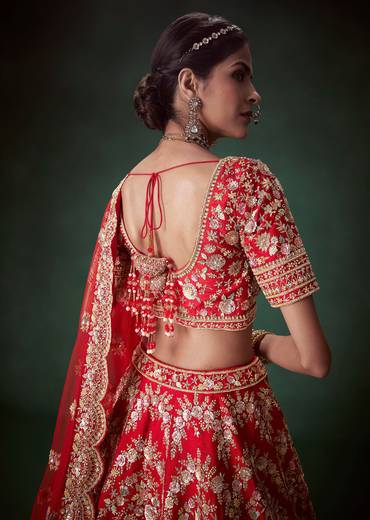 Red Silk Gold Zari Embellished Bridal Lehenga Set